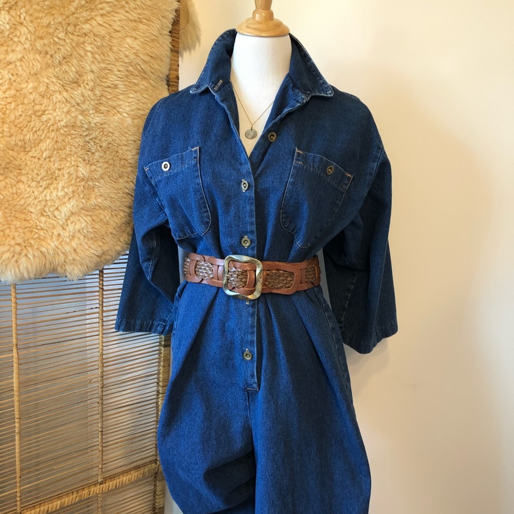 VTG-Denim Boho Collared Overall Jean Jumpsuit Romper-Size Large 12/14